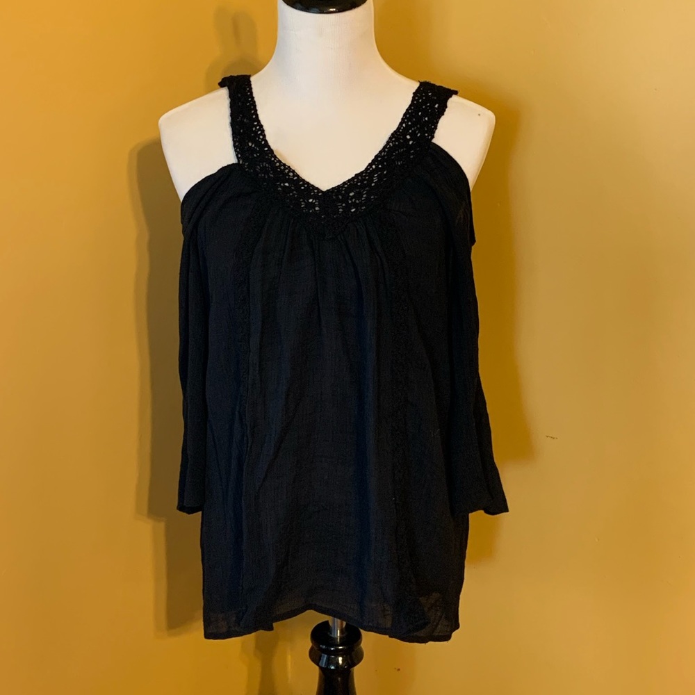 Black Cold Shoulder Top with Crochet Accents